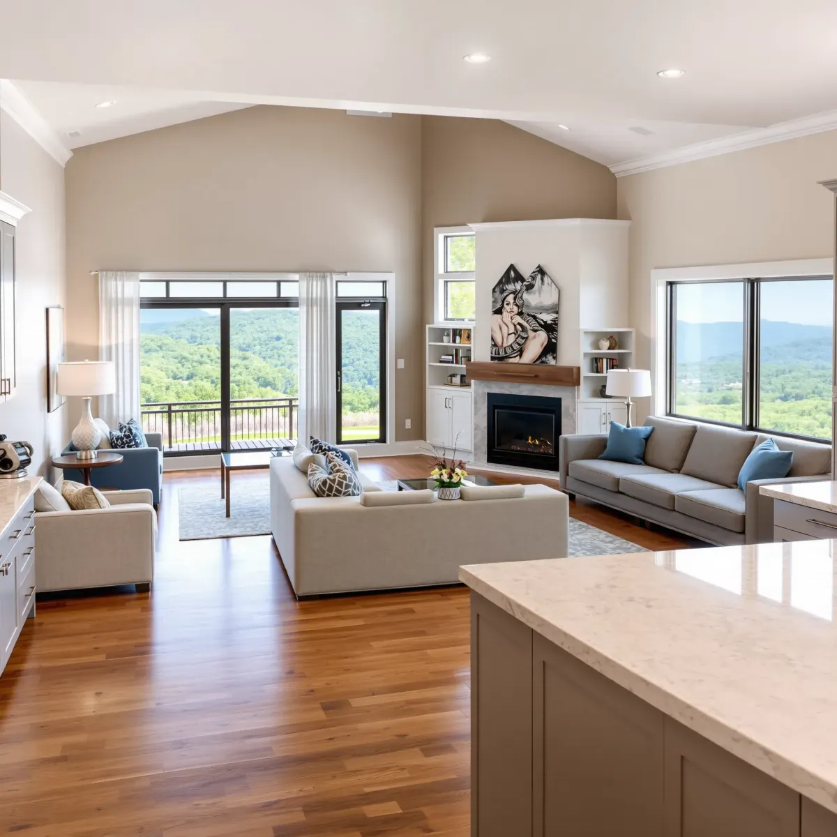 Renovated Loudon, TN home interior with modern living room, hardwood floors, large windows, stylish furniture, and open-concept kitchen.