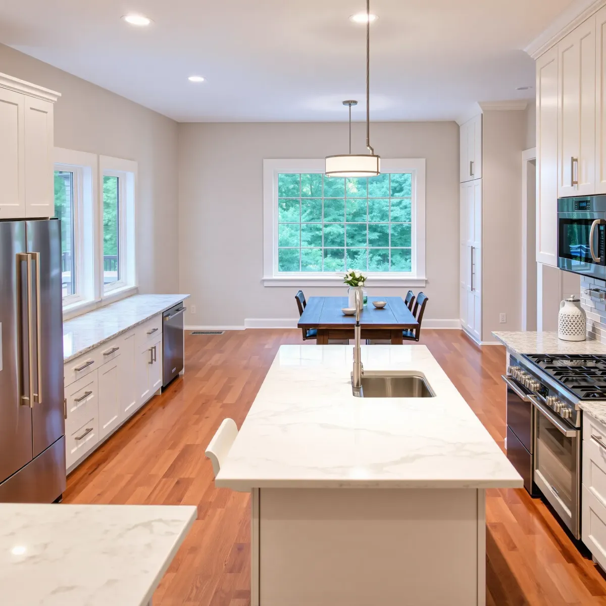 Renovated Alcoa, TN kitchen with stainless appliances, marble counters, hardwood floors, granite island, and natural light.