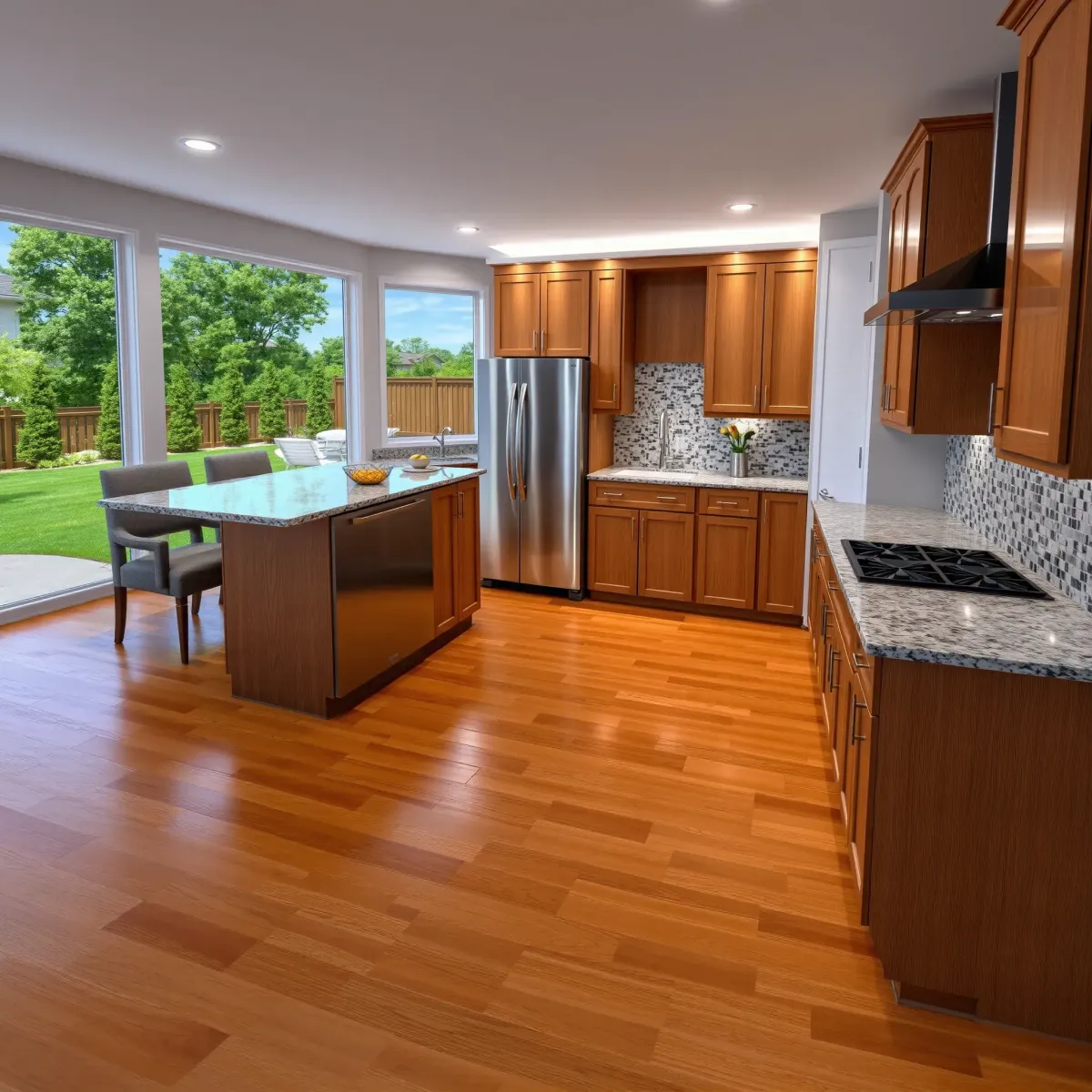 Newly renovated Farragut, TN kitchen with granite countertops, stainless steel appliances, natural wood cabinetry, and scenic backyard views.