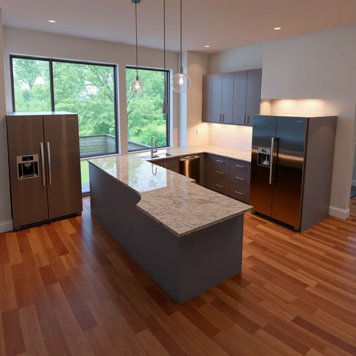 Recently completed modern Knoxville kitchen with matte cabinetry, granite countertops, stainless steel appliances, and hardwood floors.