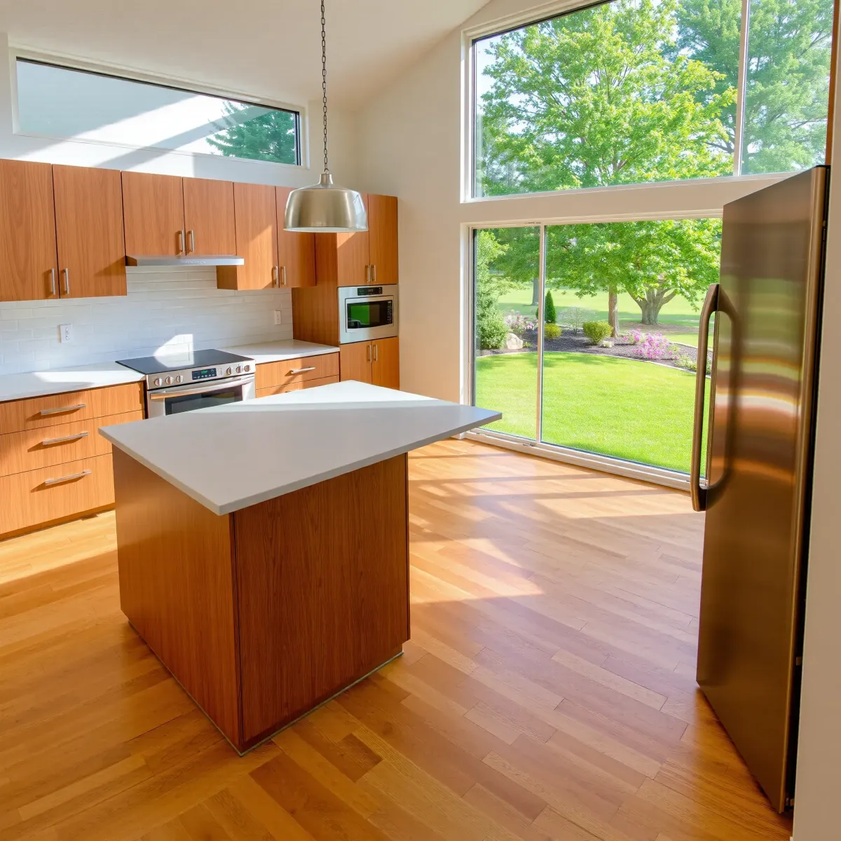 Modern Oak Ridge kitchen with warm cabinetry, quartz counters, stainless appliances, lush outdoor view, and elegant design.