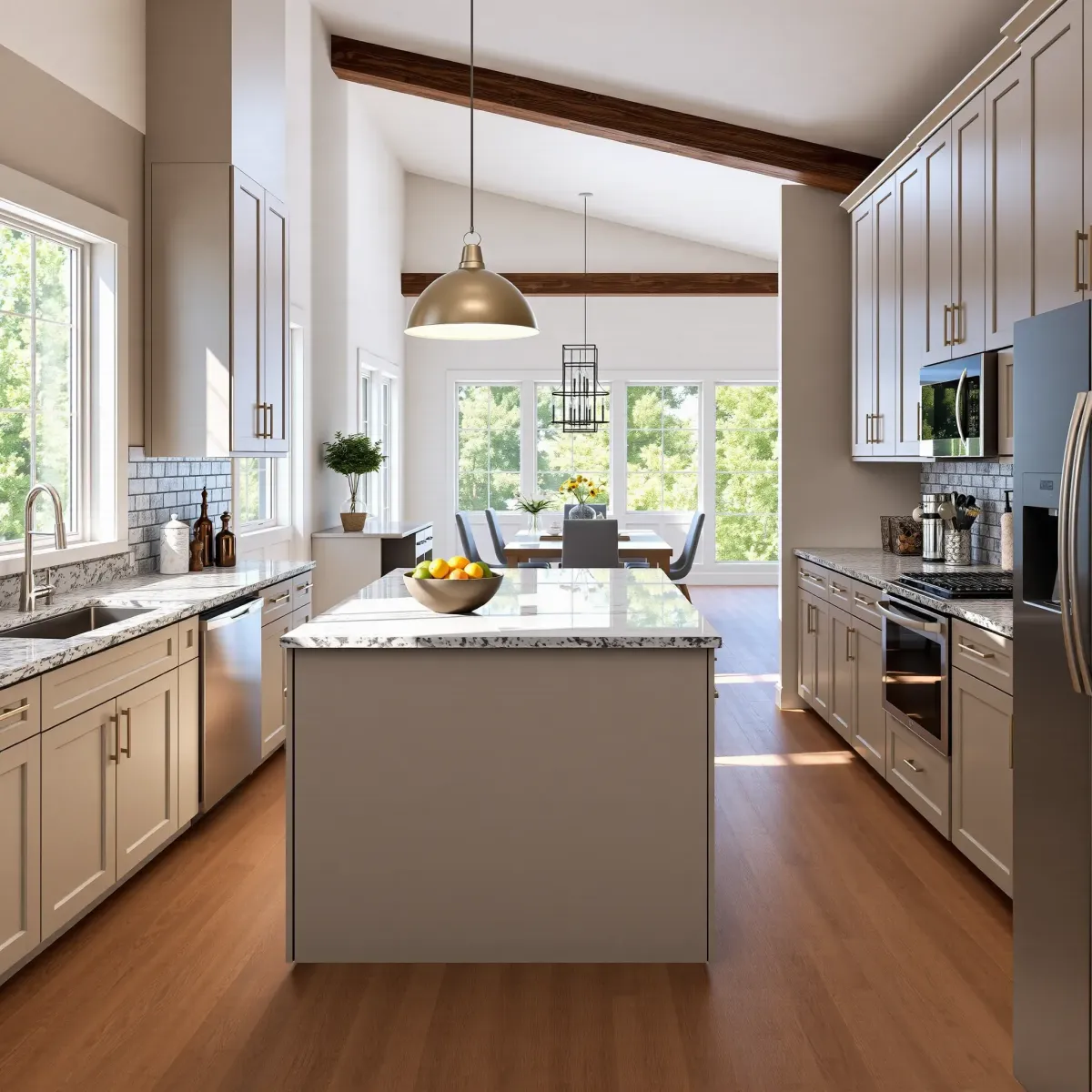 Recently renovated Greeneville, TN kitchen with modern cabinetry, quartz countertops, stainless steel appliances, and natural lighting.