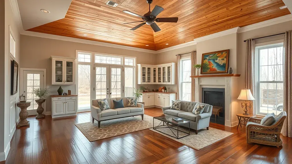 Renovated Jefferson City living room with hardwood floors, modern furniture, panoramic windows, and a sleek, updated kitchen.
