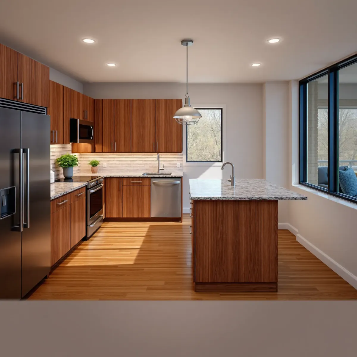 Recently remodeled Maryville kitchen with wood cabinetry, granite island, stainless appliances, pendant lighting, and hardwood floors.