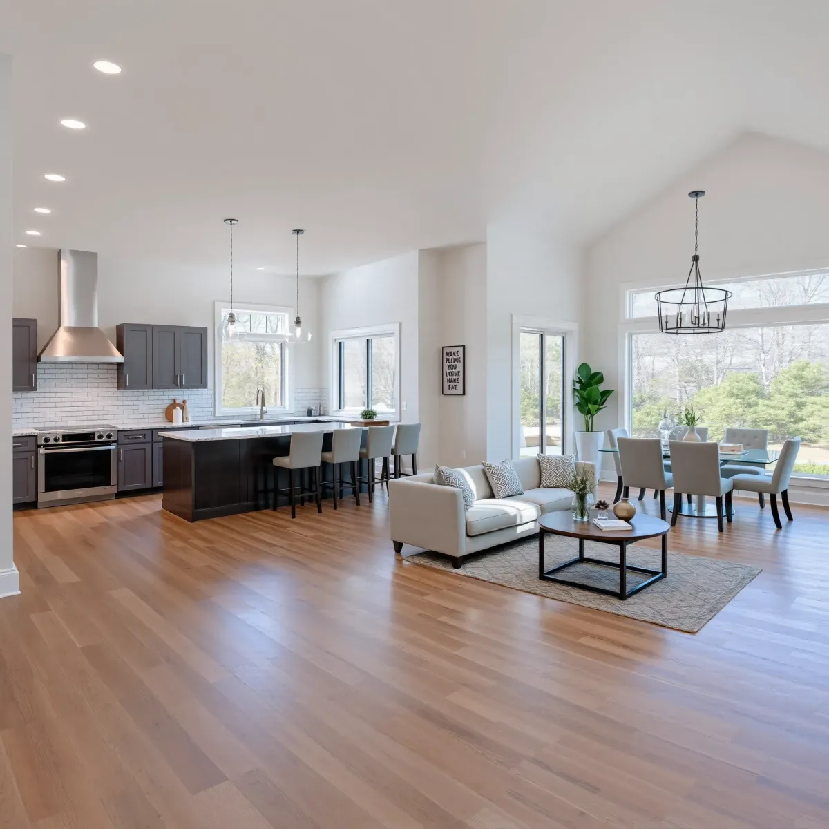 Modern renovated Clinton, TN home interior with open living, hardwood floors, stylish furnishings, and sleek kitchen.