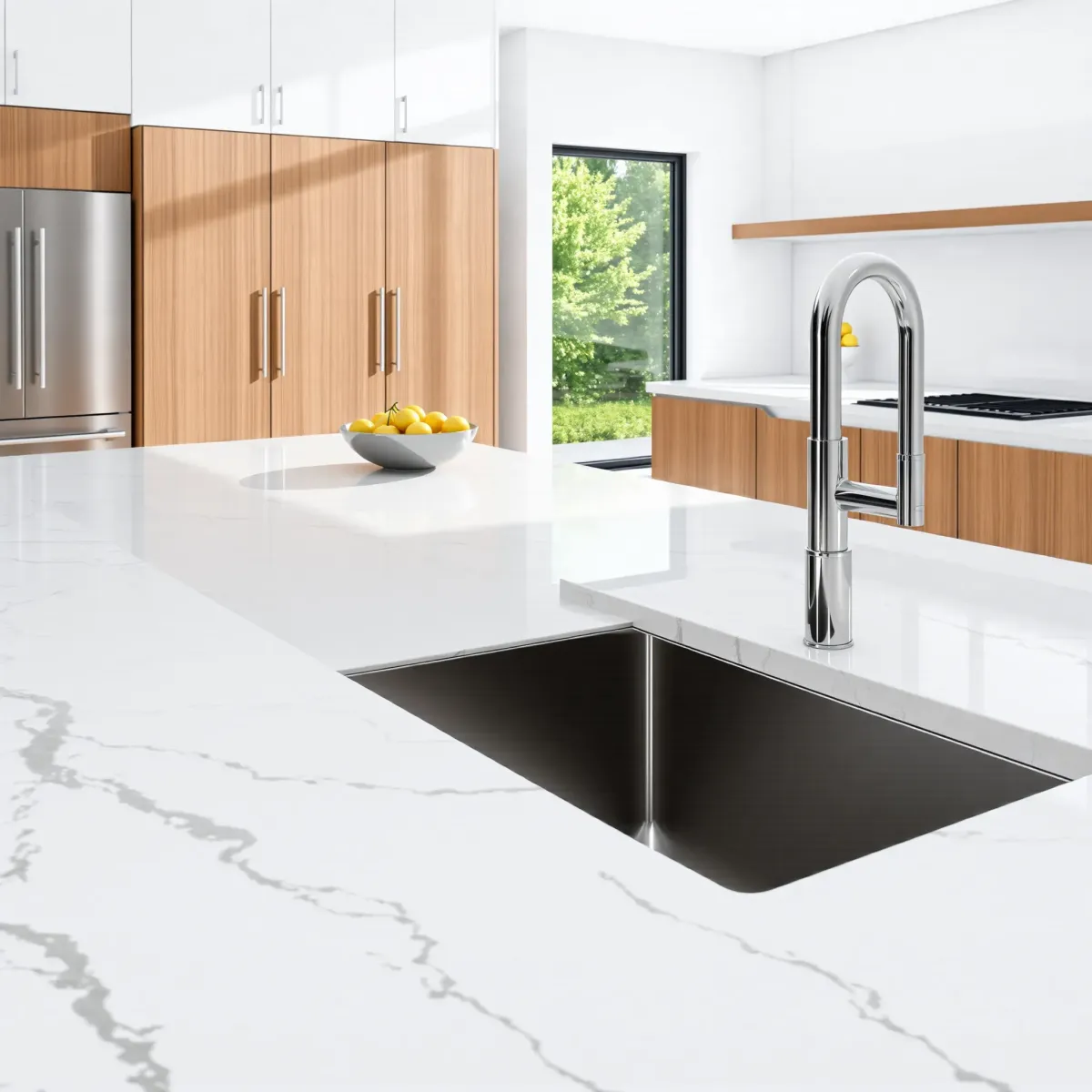 Modern kitchen with quartz countertop, stainless steel appliances, chrome faucet, fruit bowl, white subway tiles, wooden cabinets, and garden view.