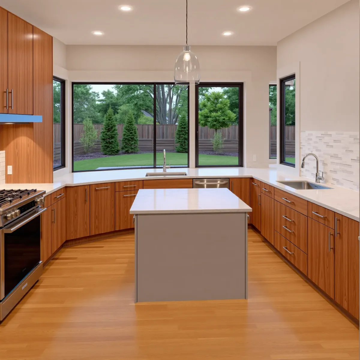 Remodeled kitchen in Karns, TN featuring modern wood cabinets, stainless appliances, quartz counters, and natural light.