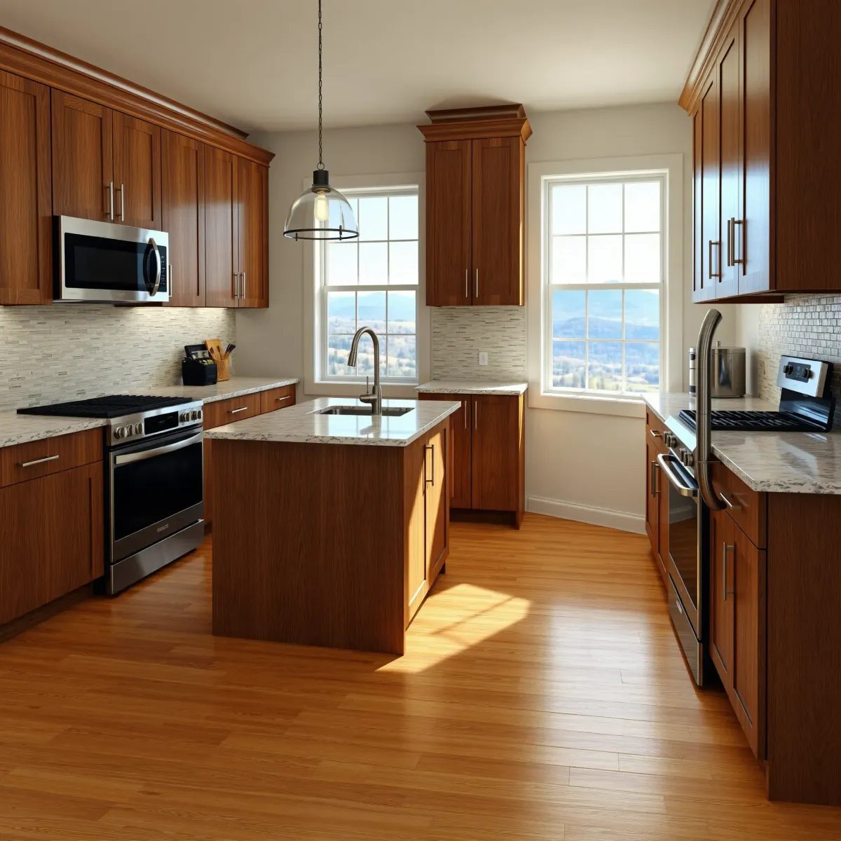 Completed modern kitchen in Wartburg, TN with sleek countertops, warm wood cabinetry, stainless steel appliances, and abundant natural light.
