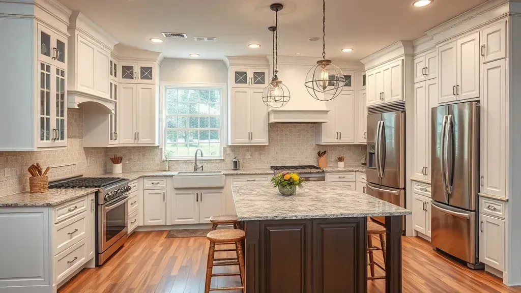 Completed modern kitchen in Gatlinburg with wooden cabinetry, granite countertops, stainless steel appliances, and mountain views.