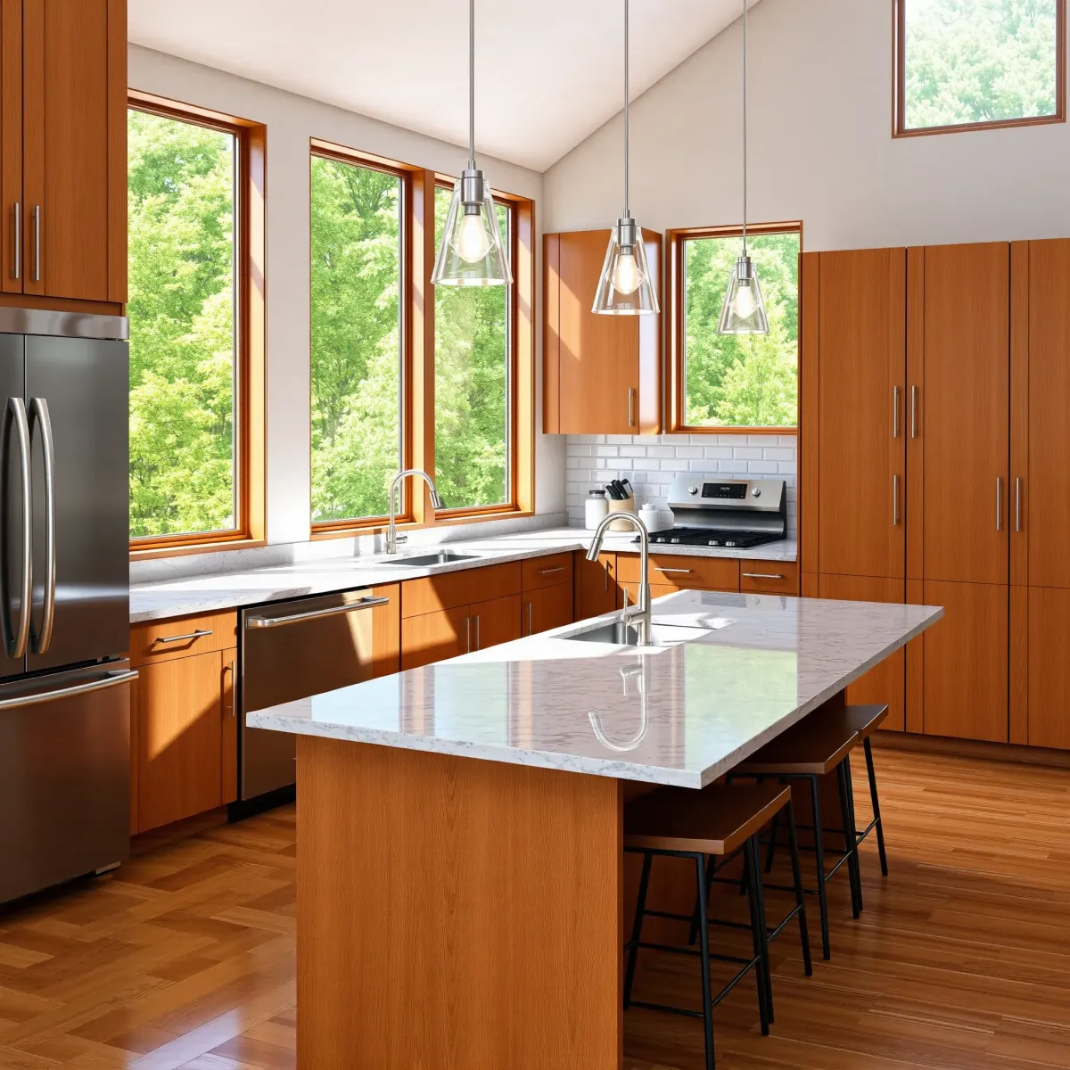 Remodeled Alcoa kitchen with warm wood cabinetry, granite countertops, stainless appliances, and lush greenery views.