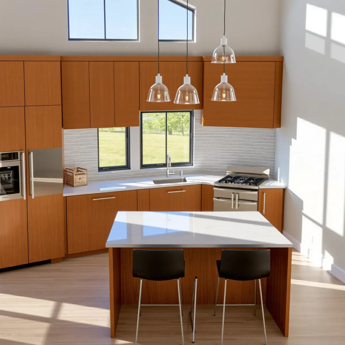 Renovated Louisville kitchen with modern wood cabinets, stainless steel appliances, granite island, and garden view.