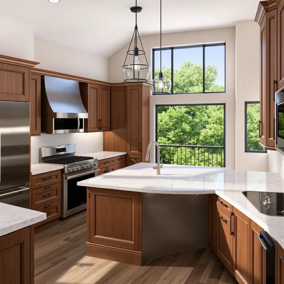 Remodeled Knoxville kitchen with quartz countertops, stainless appliances, wooden cabinets, marble island, and outdoor greenery.