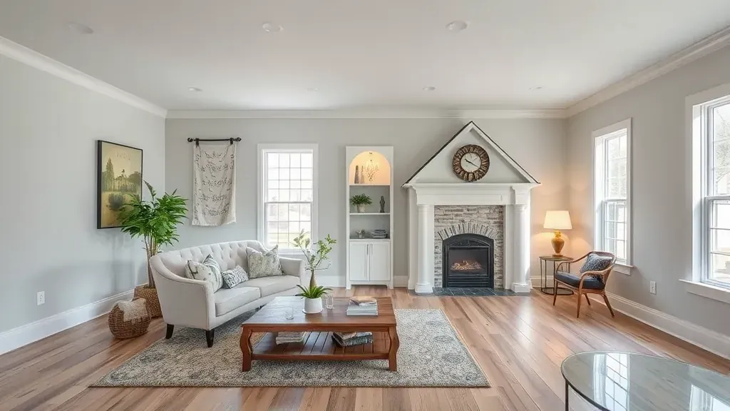 Renovated Crossville TN living room with modern furnishings, large windows, warm neutrals, and seamless kitchen transition.