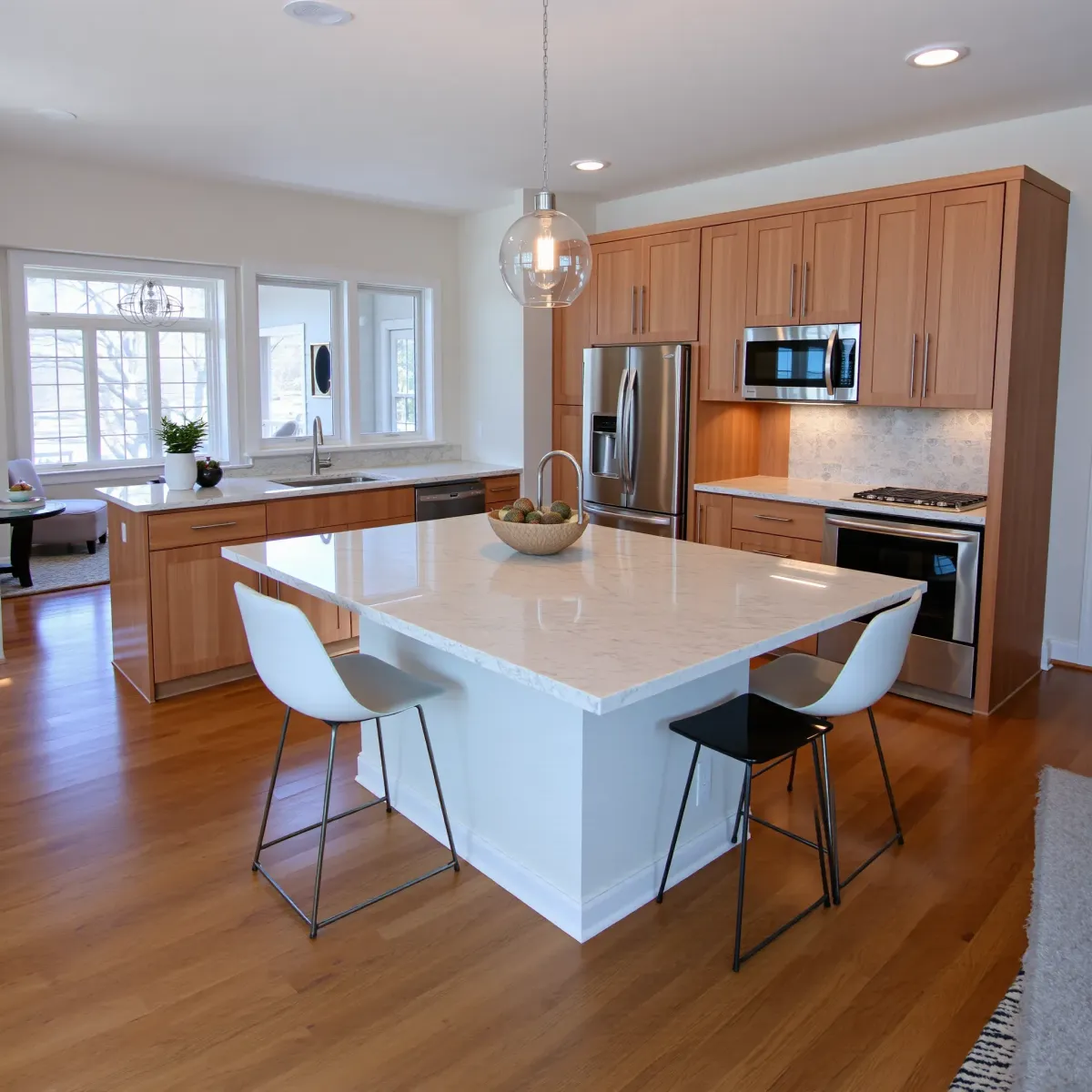 Modern Etowah, TN kitchen with sleek cabinetry, stainless appliances, quartz countertops, hardwood floors, and open layout.