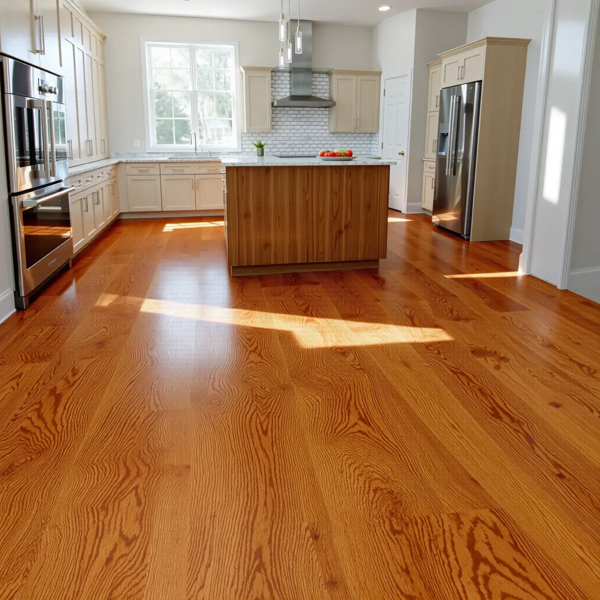 Modern Knoxville kitchen with polished hardwood floors, sleek cabinets, stainless steel appliances, and bright, inviting natural light.