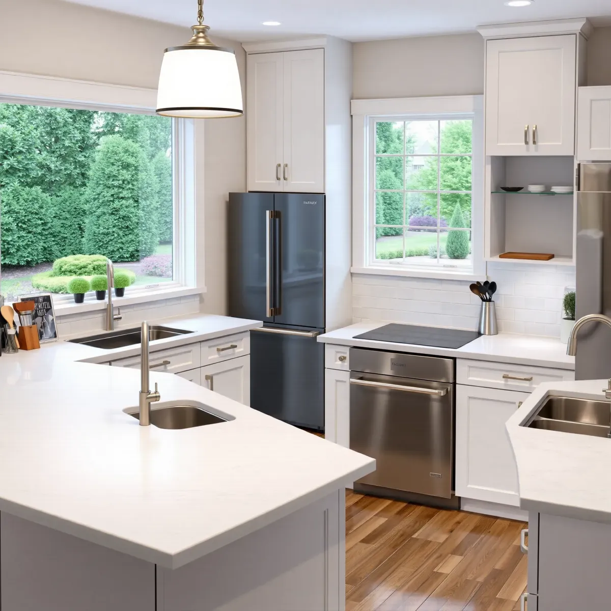 Newly remodeled kitchen in Clinton, TN with quartz counters, stainless steel appliances, white cabinets, island, and natural light.