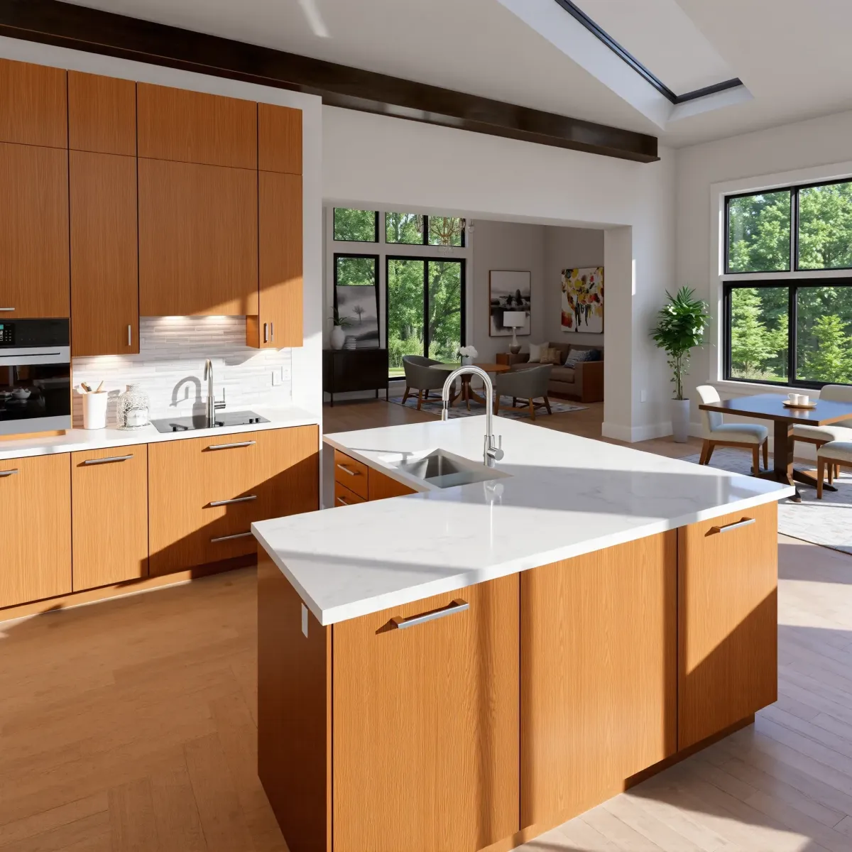 Recently remodeled Powell, TN kitchen with warm wood cabinets, marble island, stainless steel appliances, and natural light.