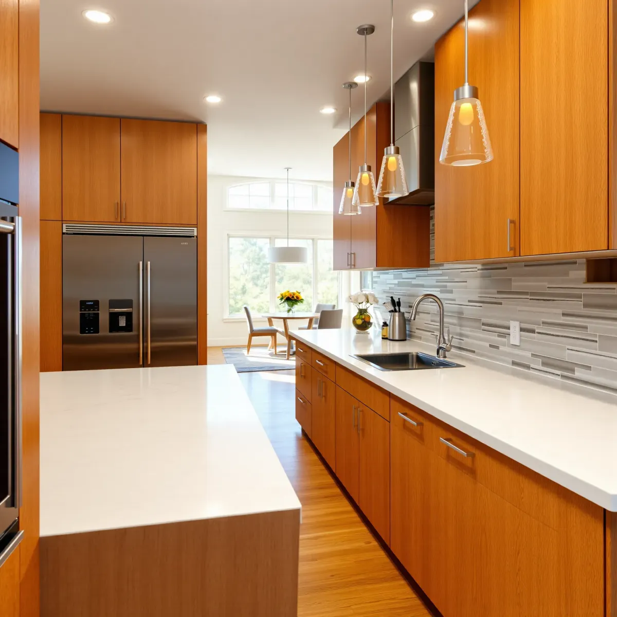 Renovated Johnson City kitchen with quartz counters, stainless steel appliances, wooden cabinets, marble island, and hardwood floors.