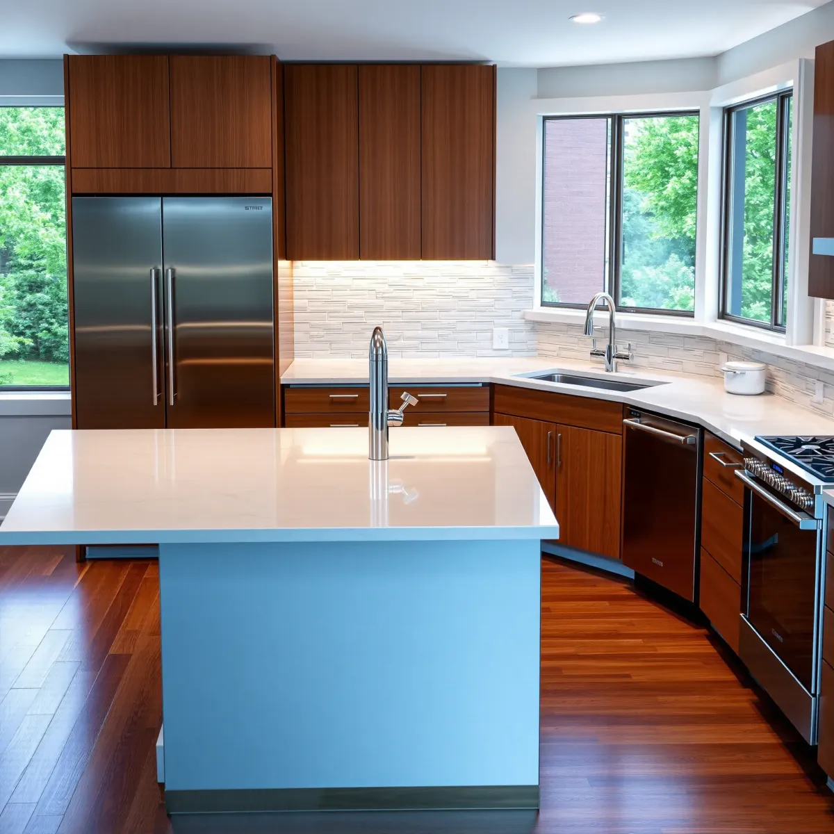 Recently remodeled Friendsville, TN kitchen with modern wood cabinets, stainless steel appliances, granite island, and natural light.