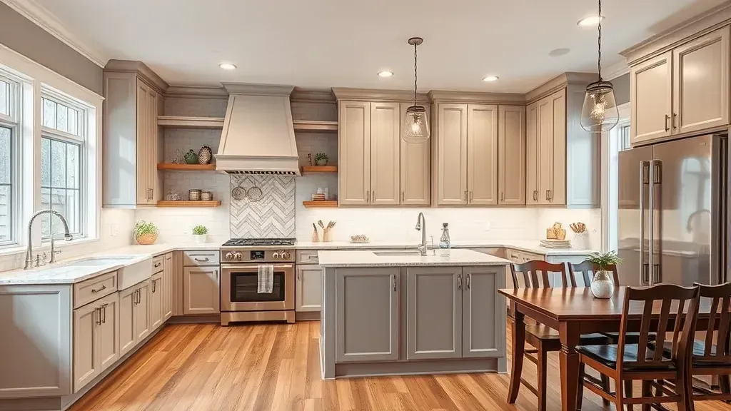Renovated Athens TN kitchen with quartz countertops, stainless steel appliances, wood cabinets, hardwood floors, and subway tiles.