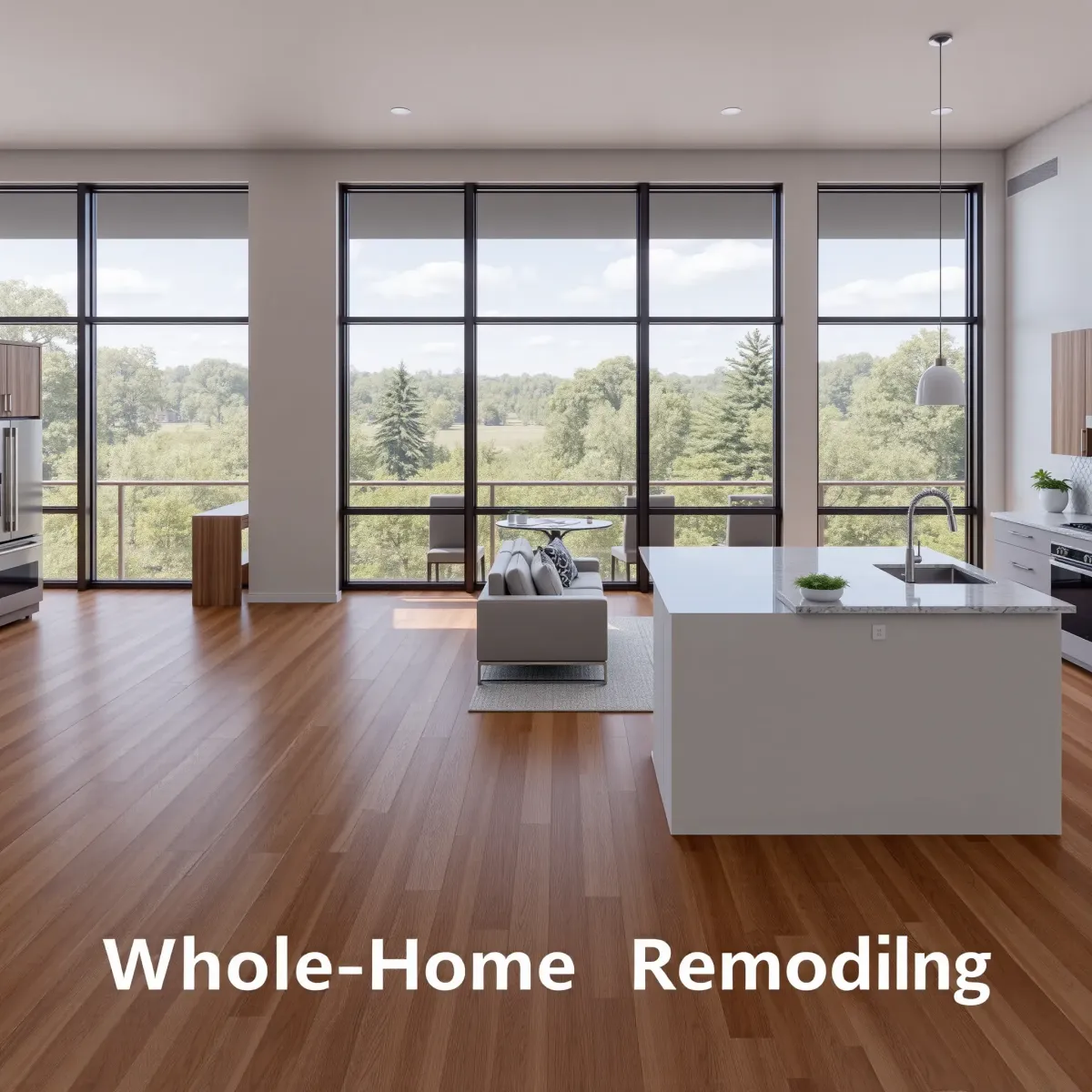 Renovated Rockford TN home interior featuring open living, modern finishes, stone fireplace, large windows, and sleek kitchen.
