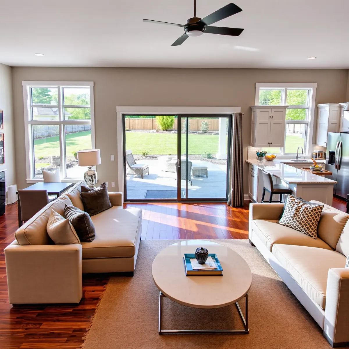 Modern renovated living room with hardwood floors, sleek furniture, open kitchen, natural light, and stylish decor in Sweetwater, TN.