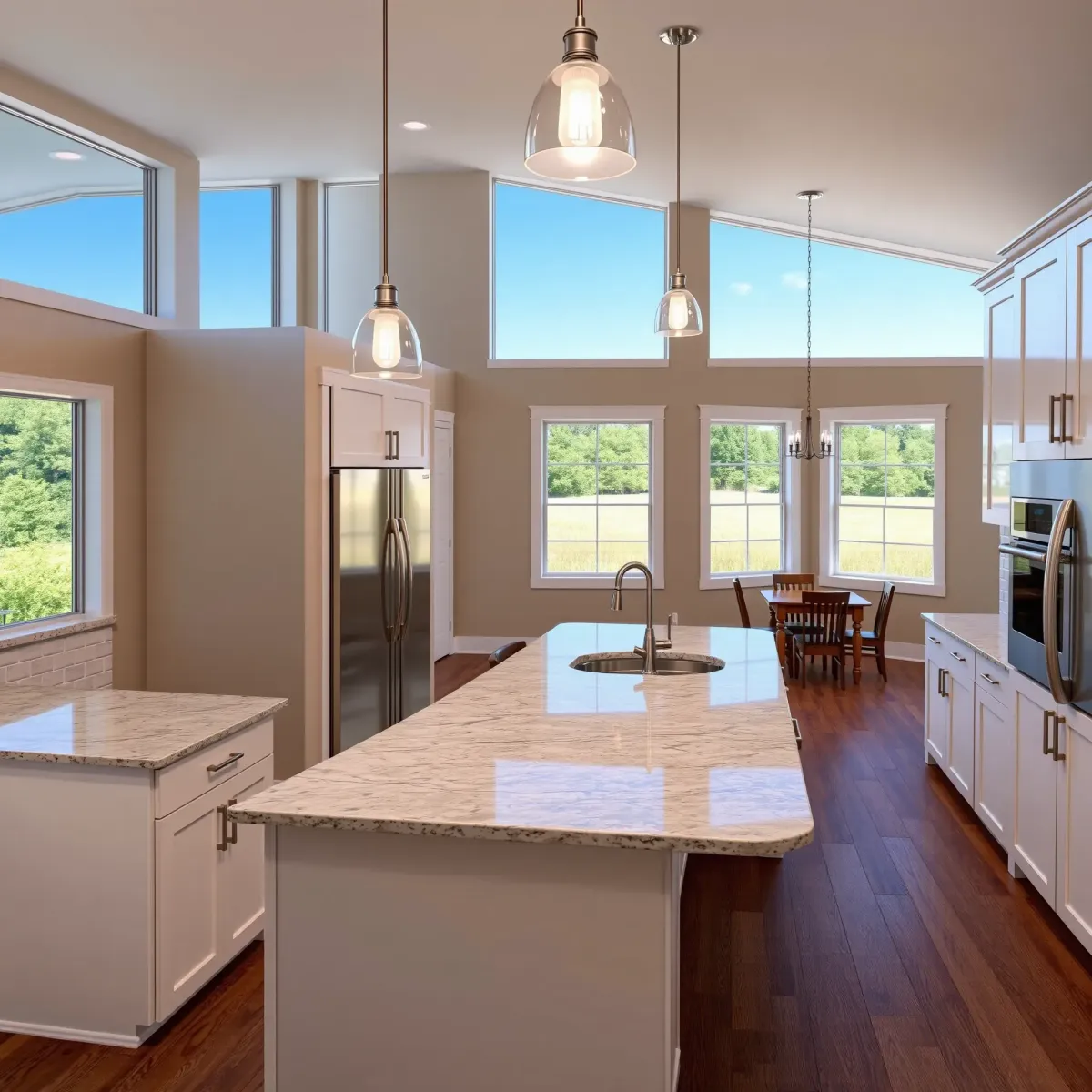 Modern Lenoir City kitchen with sleek cabinetry, quartz countertops, stainless steel appliances, and bright, inviting ambiance.