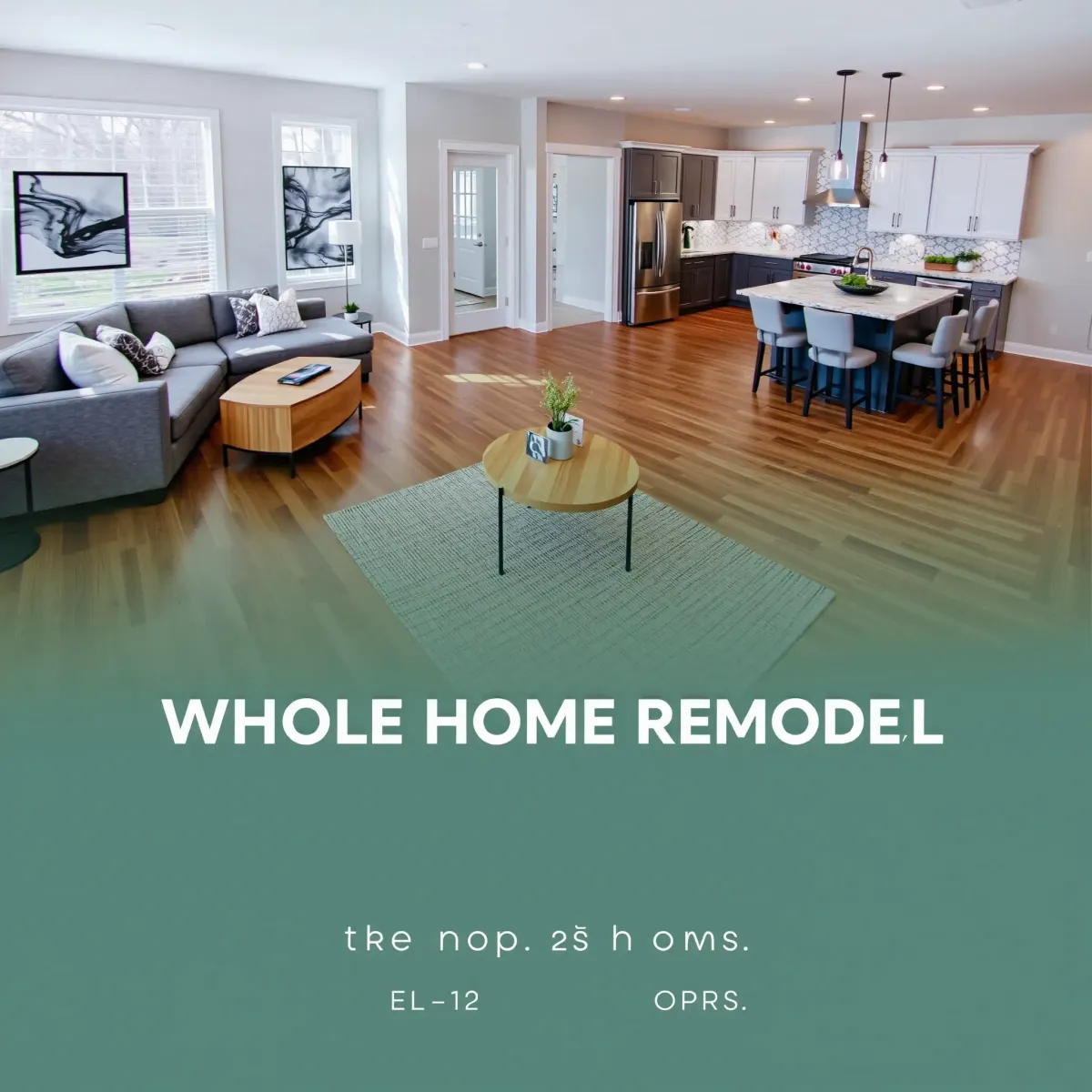 Spacious renovated home in Kingston, TN featuring modern furniture, hardwood floors, large windows, stylish decor, and a sleek kitchen.