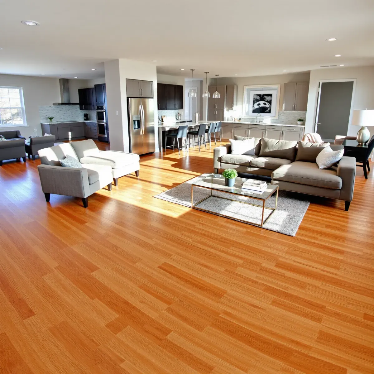 Modern Knoxville living room with hardwood floors, contemporary furniture, large windows, and open-concept kitchen.