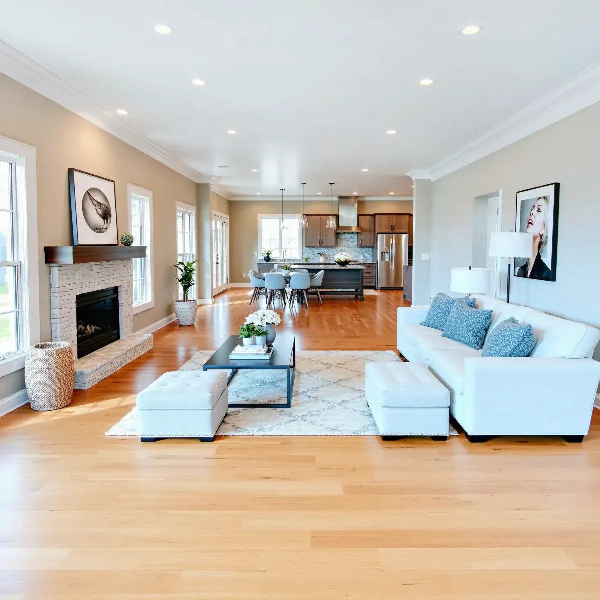 Renovated Maryville, TN living room with modern hardwood floors, stylish fireplace, and seamless open kitchen area.