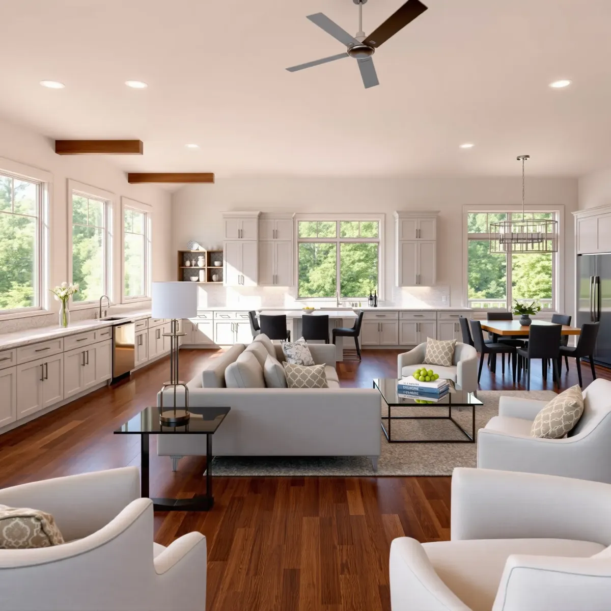 Seamless Lenoir City home remodel features open living, hardwood floors, large windows, modern kitchen with quartz counters.