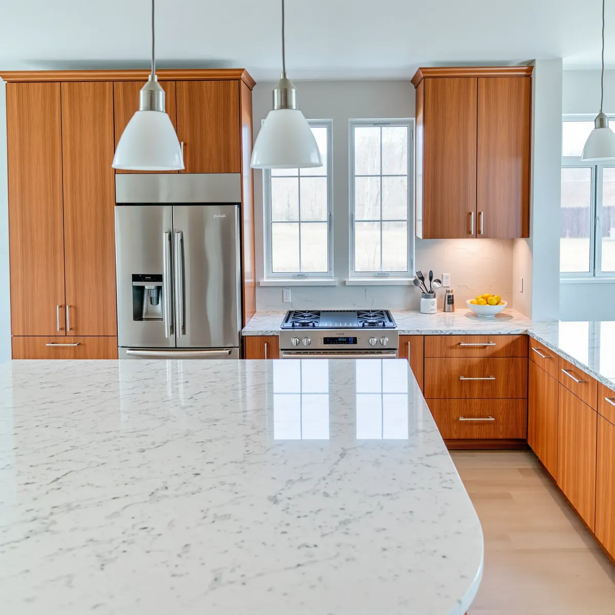 Fresh Rutledge, TN kitchen remodel with high-end appliances, natural wood cabinets, granite counters, and rich hardwood floors.