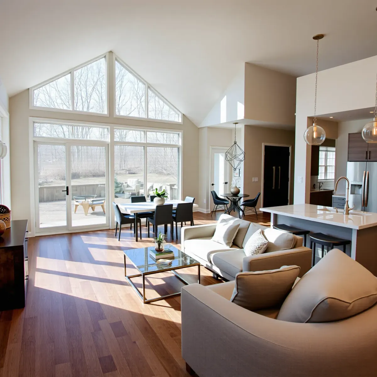 Elegant Seymour TN home interior featuring a spacious living room with hardwood floors, marble fireplace, and modern kitchen.