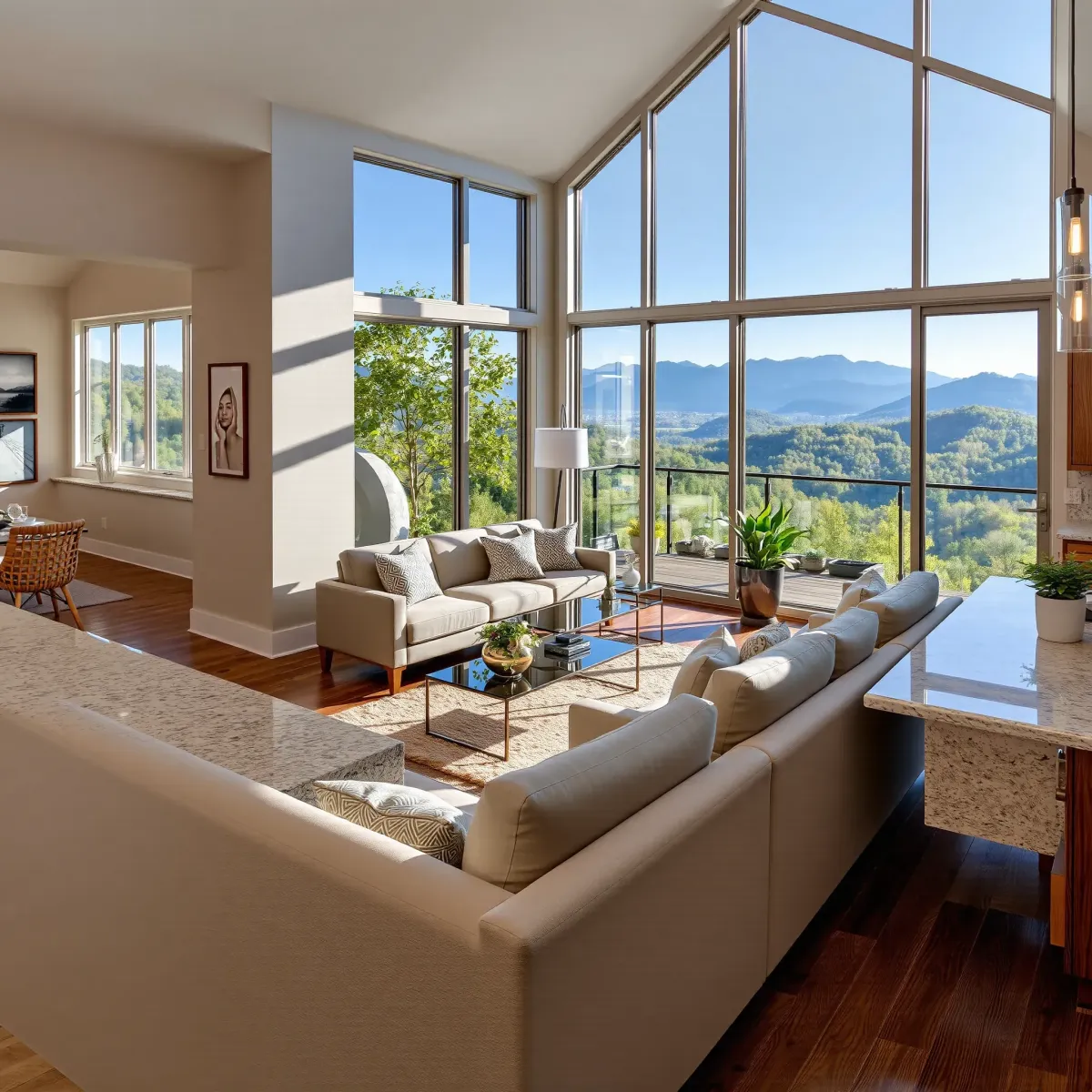 Remodeled Gatlinburg home interior with mountain views, modern cozy decor, granite kitchen, and scenic large windows.