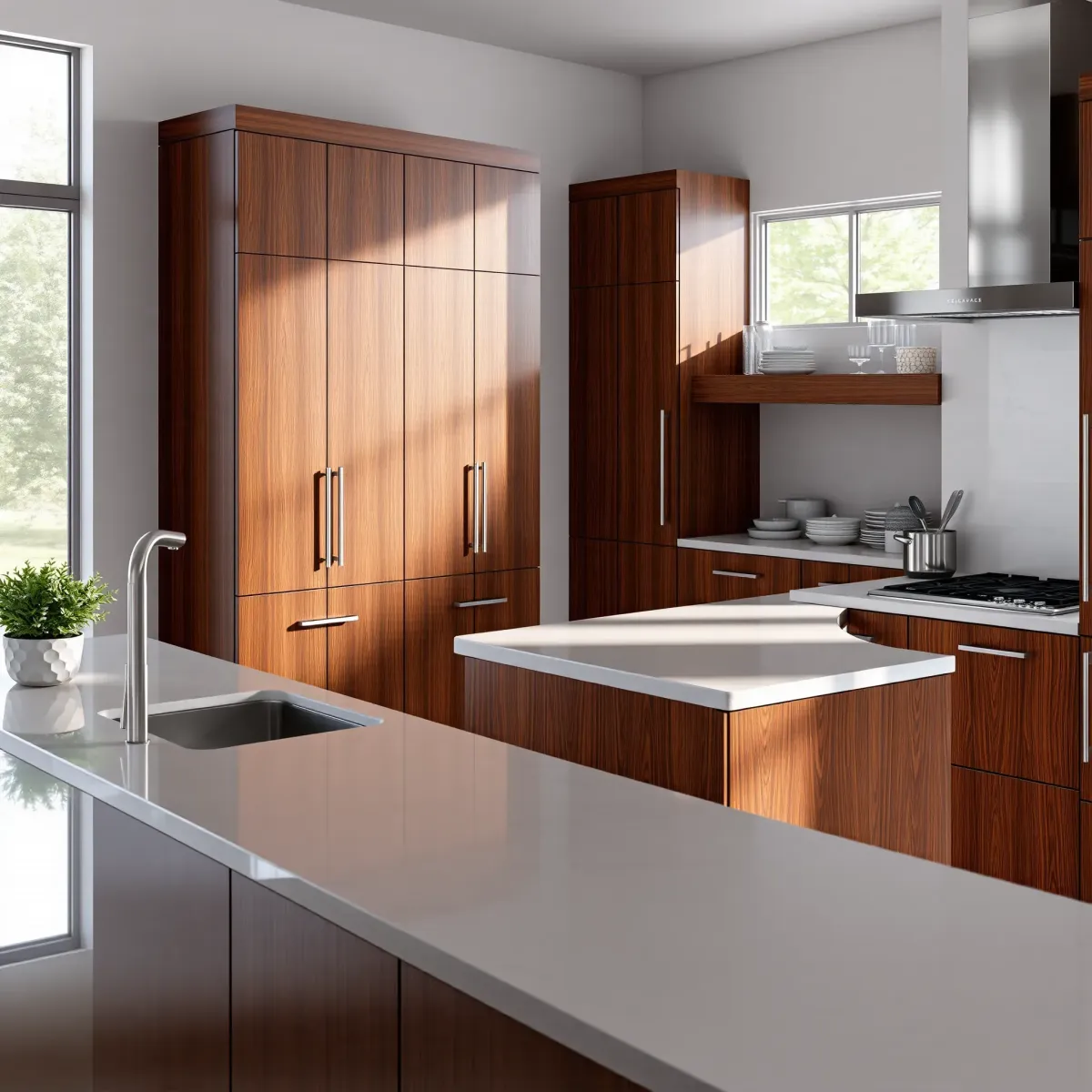 Modern Knoxville kitchen with dark wood cabinets, marble countertop, stainless steel sink, and sleek appliances.