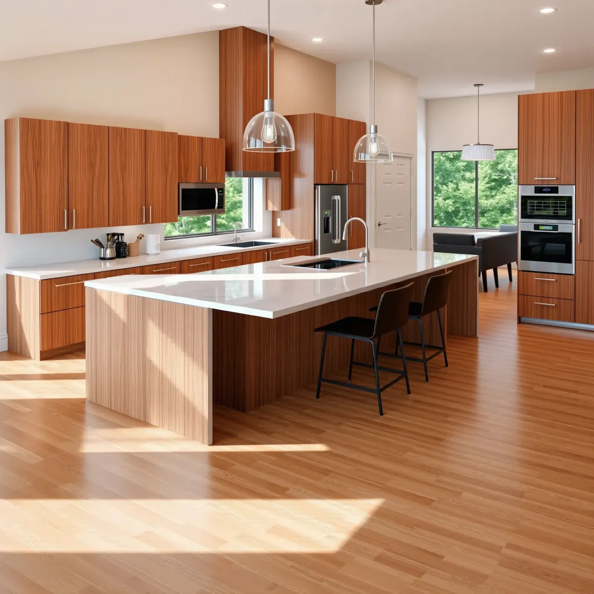 Renovated Oak Ridge kitchen with modern wood cabinetry, quartz countertops, stainless appliances, and lush greenery outside.