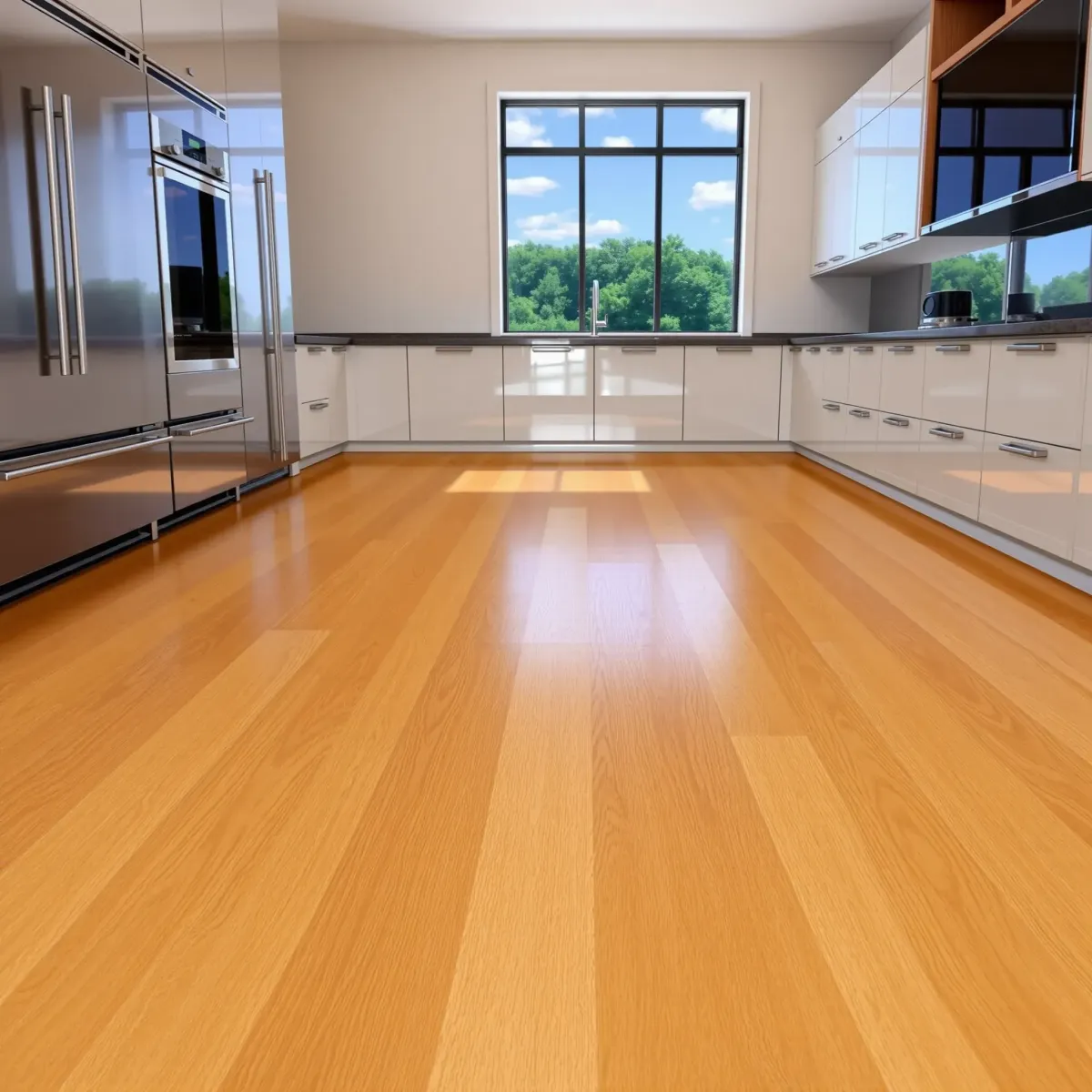 Modern Knoxville kitchen with sleek hardwood flooring, stainless appliances, minimalist cabinetry, and outdoor greenery.
