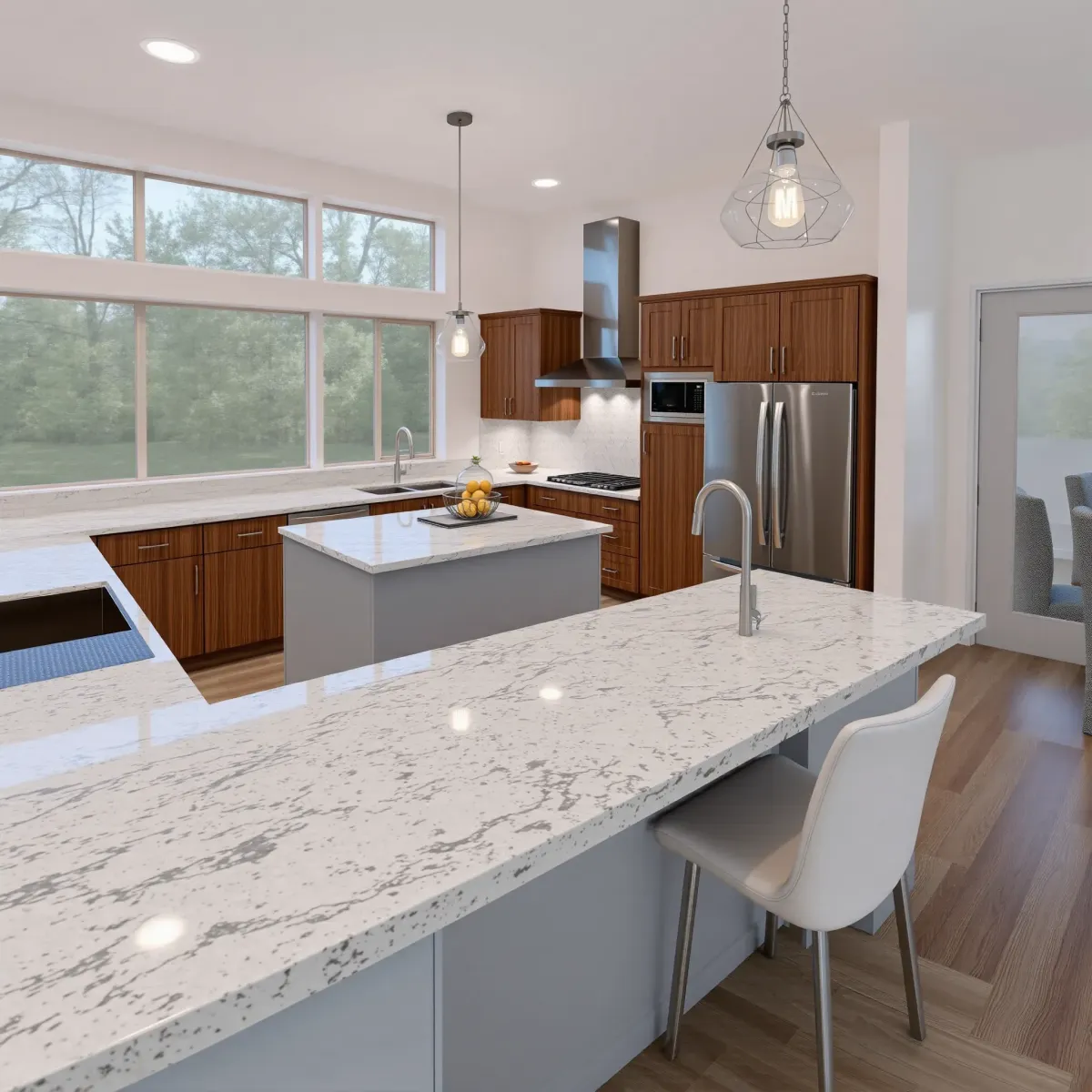 Modern Crossville kitchen with wood cabinets, white quartz counters, mosaic backsplash, stainless appliances, and hardwood floors.
