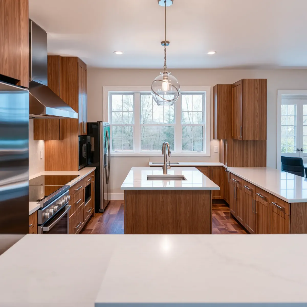 Remodeled Knoxville kitchen with stainless appliances, quartz counters, wooden cabinets, marble island, and natural light.