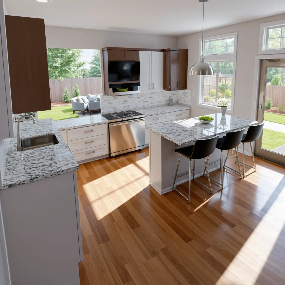 Modern Alcoa kitchen with granite counters, stainless steel appliances, custom cabinetry, hardwood floors, and natural light.