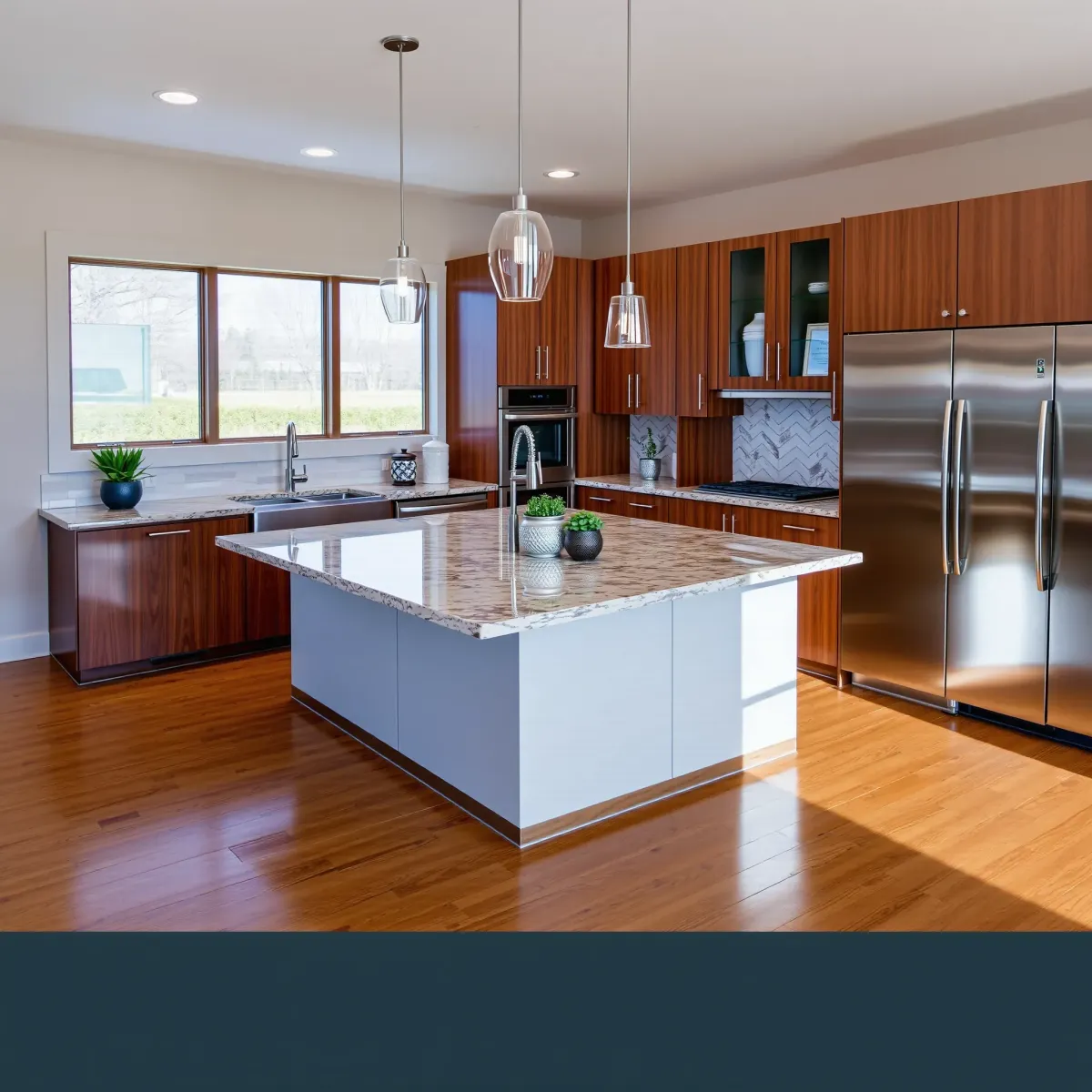 Modern Karns kitchen with granite countertops, stainless appliances, custom wood cabinets, island, and natural light.