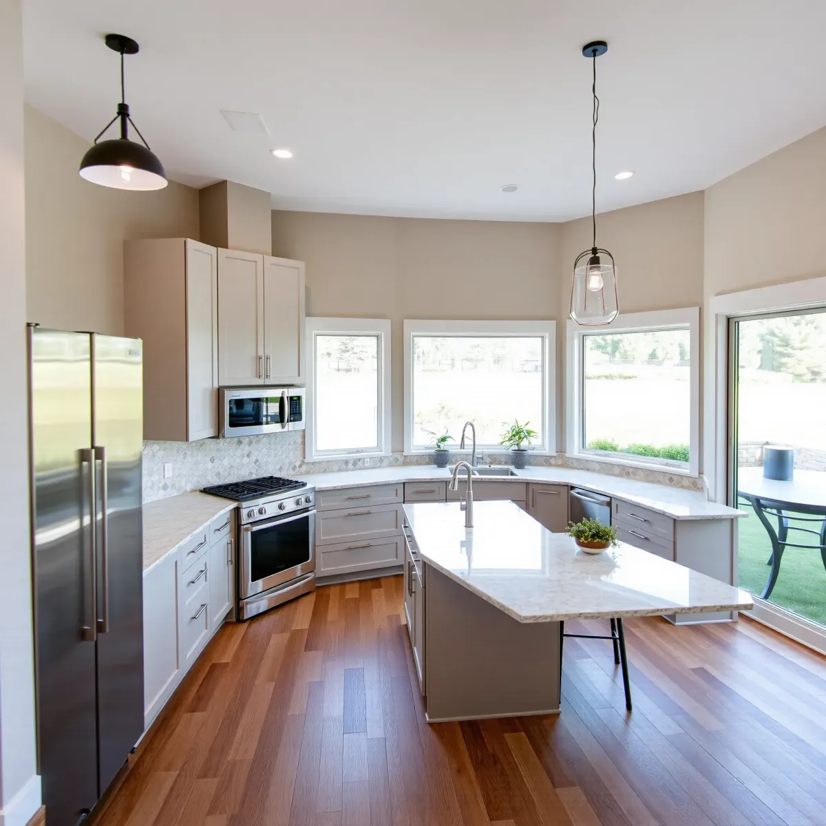 Remodeled Clinton, TN kitchen with modern matte cabinets, stainless steel appliances, quartz countertops, and hardwood floors.