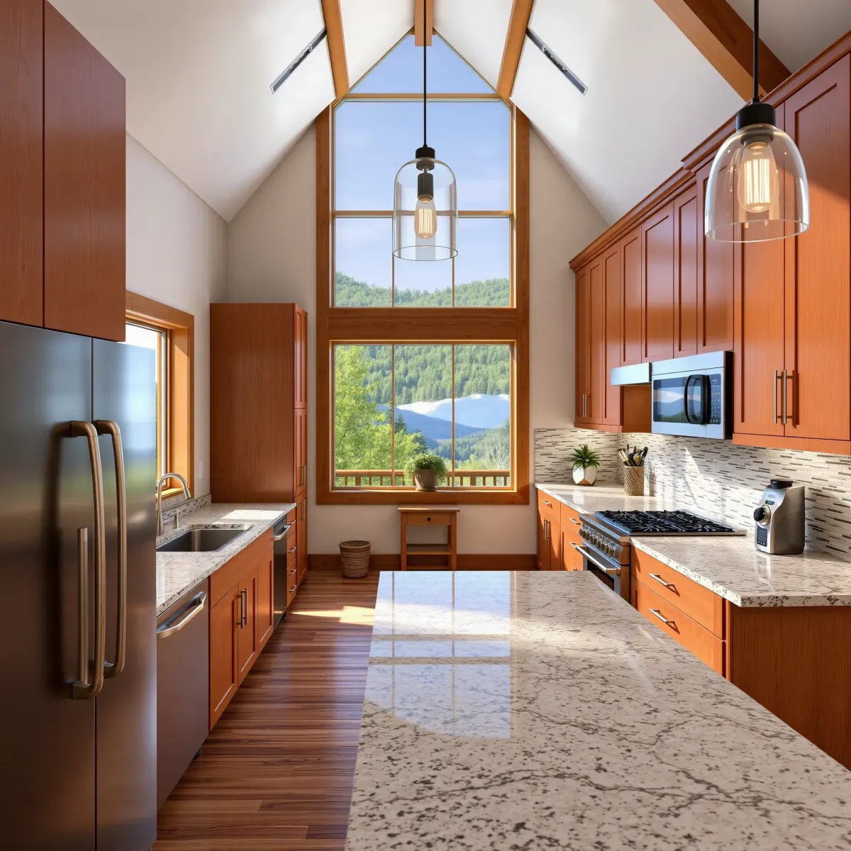 Remodeled Gatlinburg kitchen with granite countertops, stainless appliances, mountain views, and custom cabinetry.