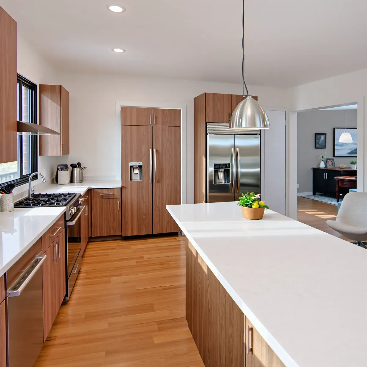 Modern Farragut kitchen with quartz countertops, wooden cabinets, stainless steel appliances, and bright open living area.