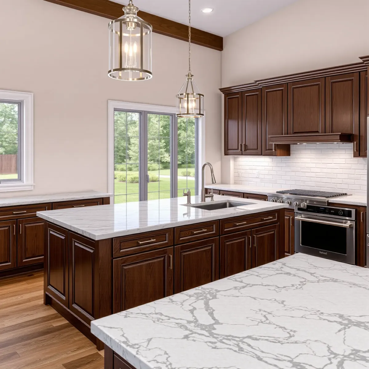 Recently remodeled Morristown, TN kitchen with modern appliances, quartz countertops, custom wood cabinets, and rustic dining area.