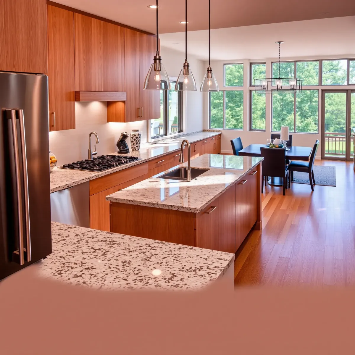 Renovated Loudon, TN kitchen with granite counters, stainless steel appliances, custom wood cabinetry, marble island, and natural light.