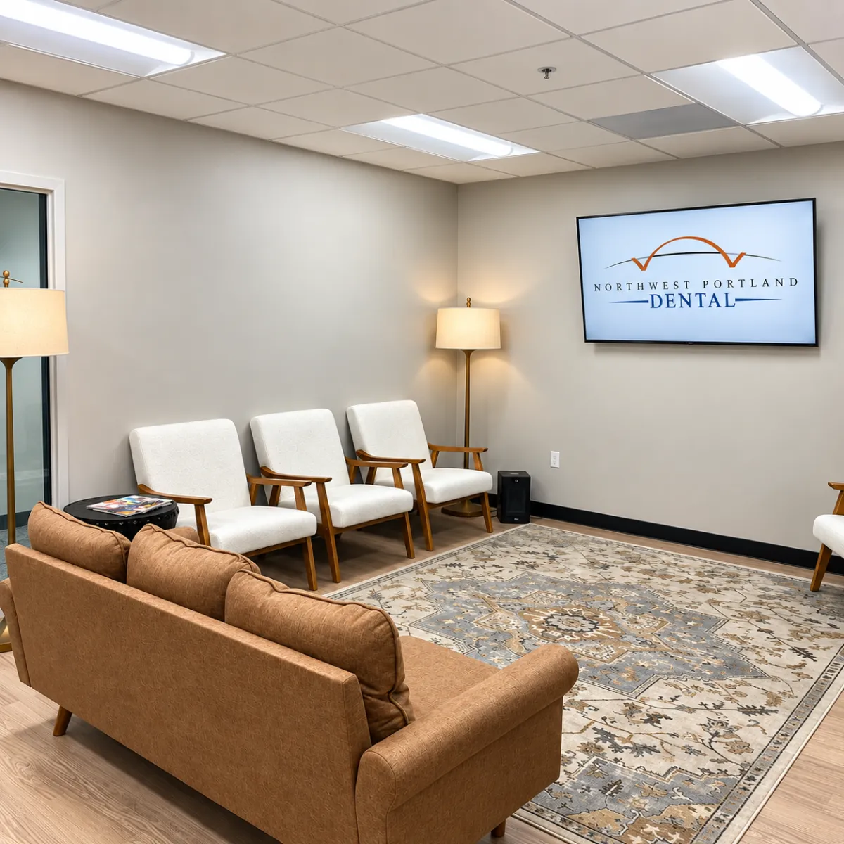 Modern architectural dental reception lounge with warm wood accents, natural daylight, and serene seating