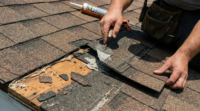 A house with a black roof and green bushes