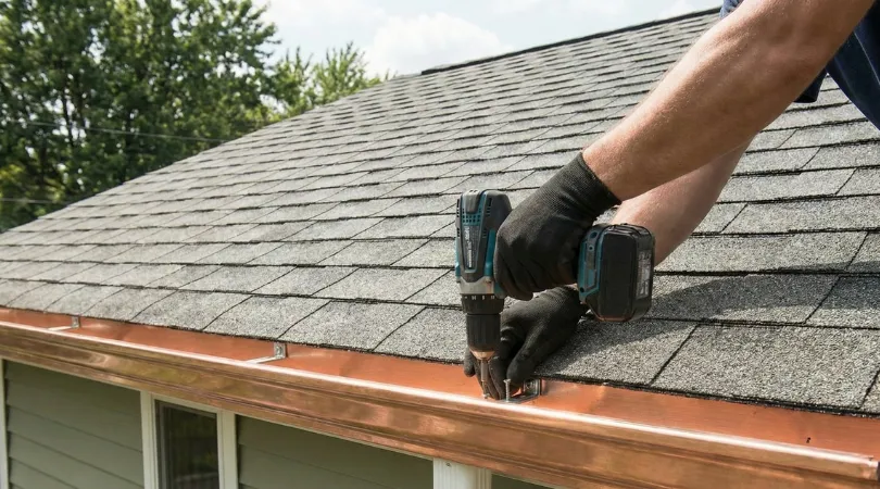 a man working on a roof with a power drill