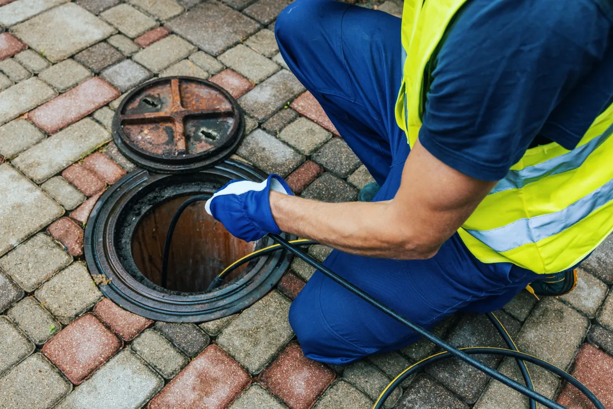 Worker in safety gear cleaning and inspecting a manhole for sewer maintenance.
